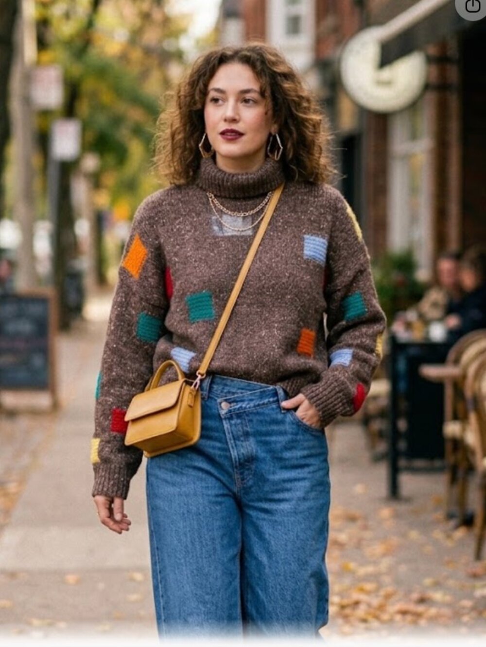 Oak + Fort LUNA Chunky Turtleneck Sweater Brown Colorblock Square Knit OS